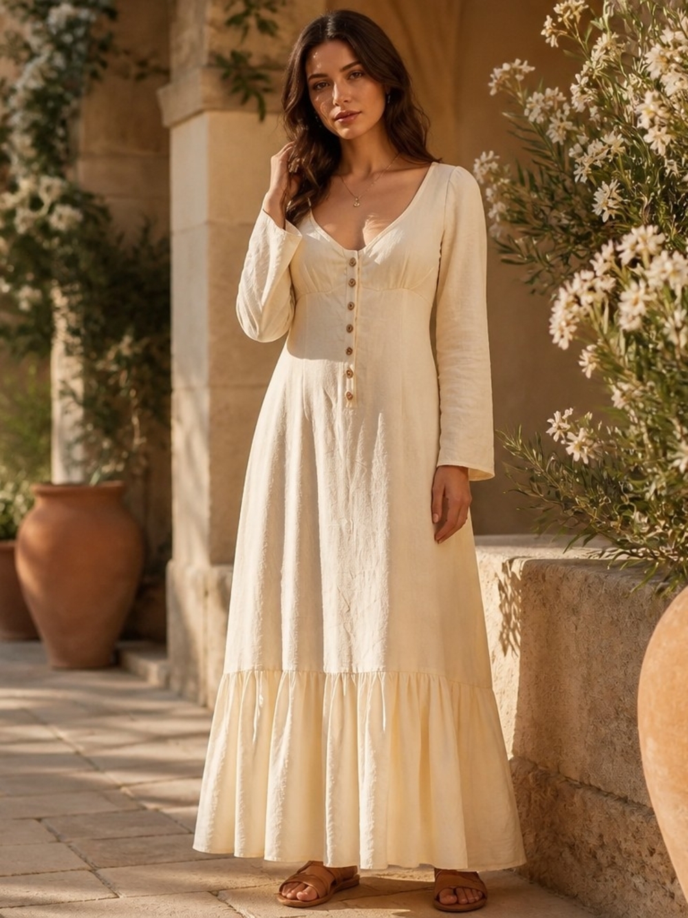 Elegant Cream Button-Front Maxi Dress with Ruffle Hem - Picture 1 of 8